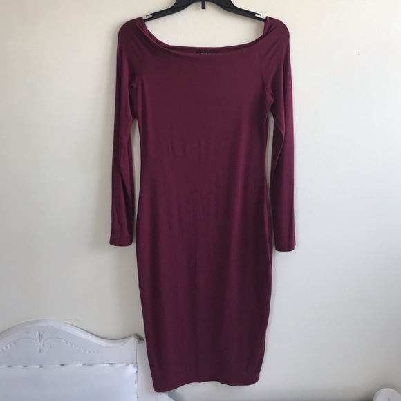 PATTYBOUTIK LONG SLEEVE BURGUNDY BOAT NECK DRESS STRETCH KNIT FORM FIT - Picture 3 of 7